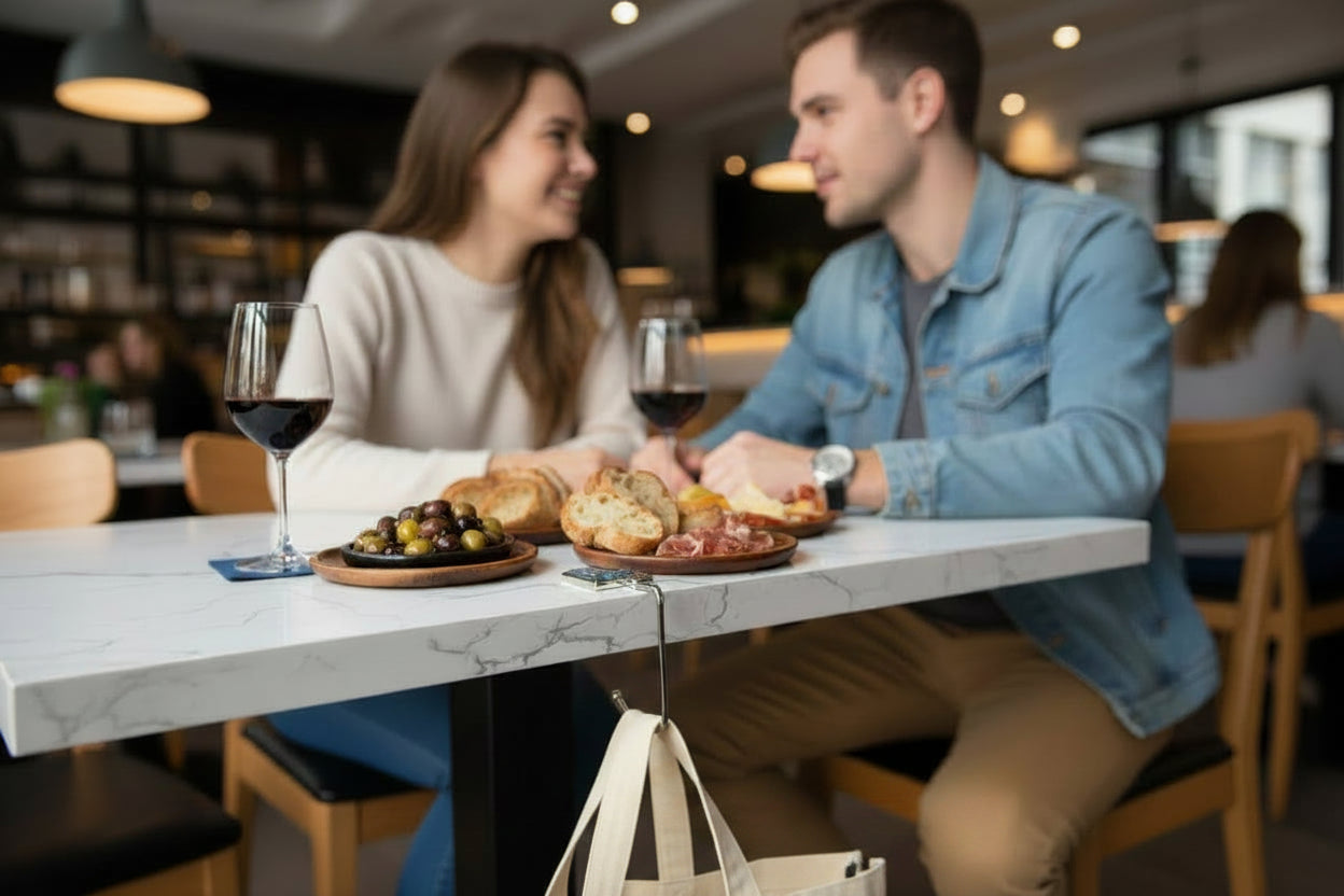 A glass and metal handbag hook hanging on a restaurant table to suspend a tote bag off of the floor