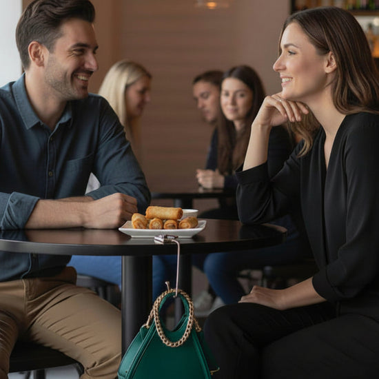A glass and metal handbag hook hanging on a restaurant table to suspend a handbag from touching the floor