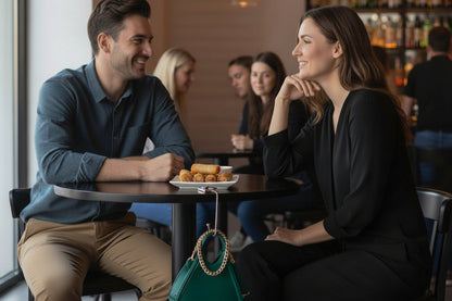 A glass and metal handbag hook hanging on a restaurant table to suspend a handbag from touching the floor