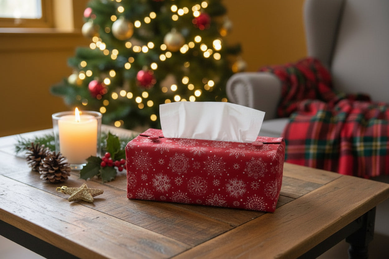 Tissue box cover with white snowflakes on red background design displayed in a hallway and living room
