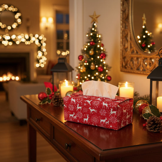 Tissue box cover with white reindeer and snowflakes on a red background displayed in a bathroom and living room