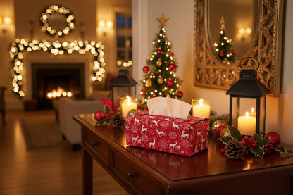 Tissue box cover with white reindeer and snowflakes on a red background displayed in a bathroom and living room