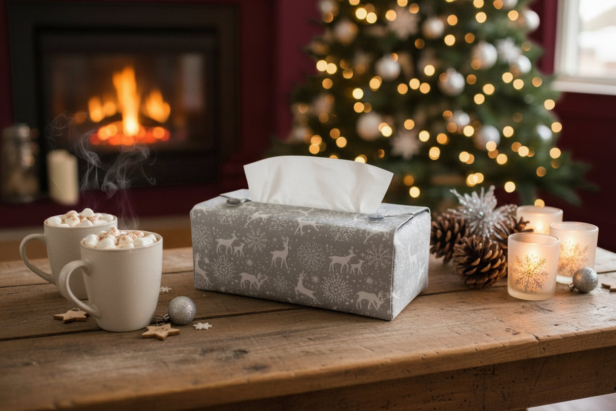 Tissue box cover with white reindeer and snowflakes on a grey background displayed in a living room and dining room