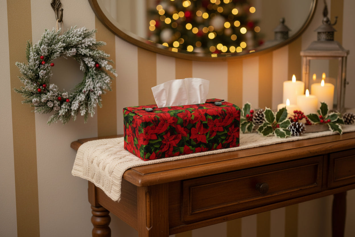 Tissue box cover with a poinsettia design displayed in a hallway