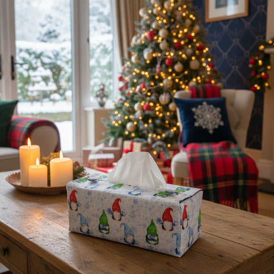 Tissue box cover with colourful gnomes and snowflakes design displayed in a bathroom and living room