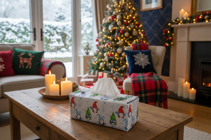 Tissue box cover with colourful gnomes and snowflakes design displayed in a bathroom and living room