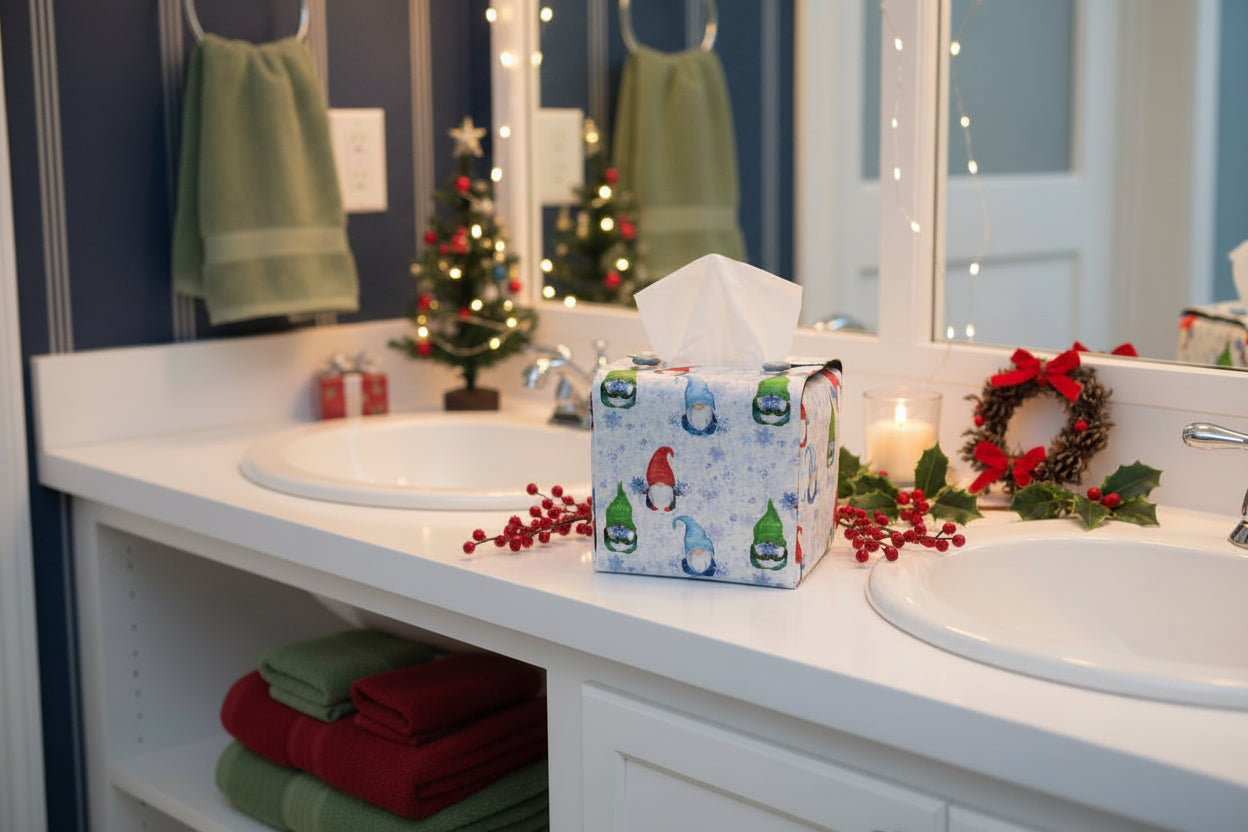 Tissue box cover with colourful gnomes and snowflakes design displayed in a bathroom and living room