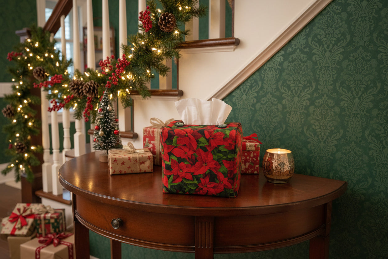 Tissue box cover with a poinsettia design displayed in a hallway