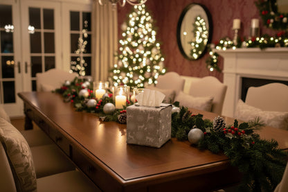 Tissue box cover with white reindeer and snowflakes on a grey background displayed in a living room and dining room