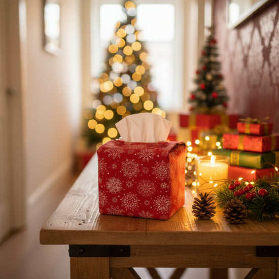 Tissue box cover with white snowflakes on red background design displayed in a hallway and living room