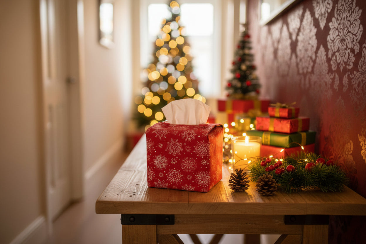 Tissue box cover with white snowflakes on red background design displayed in a hallway and living room
