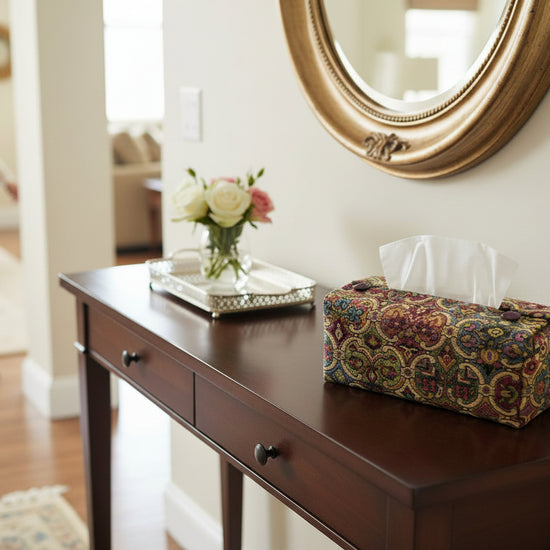 Handmade rectangular tissue box cover with multi colour motif design displayed in a hallway