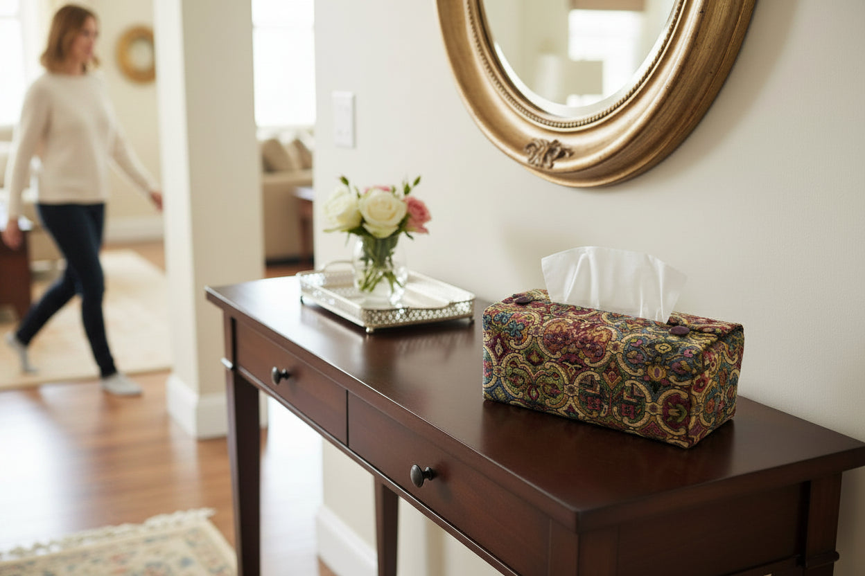Handmade rectangular tissue box cover with multi colour motif design displayed in a hallway