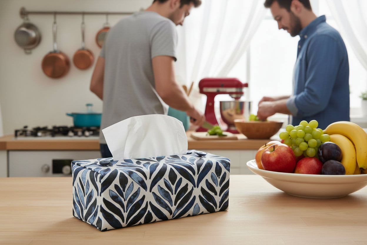 Handmade tissue box covers with navy watercolour leaf design displayed in a bedroom and kitchen
