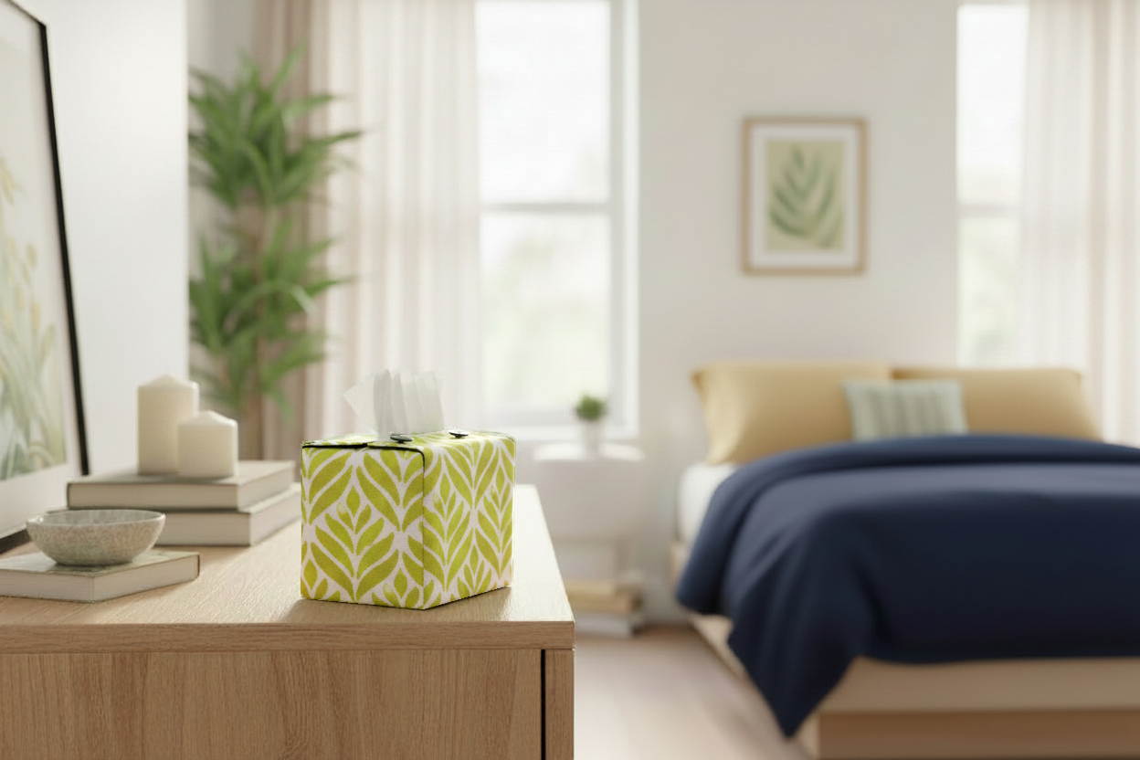 Handmade tissue box covers with yellow watercolour leaf design displayed in a bedroom and conservatory