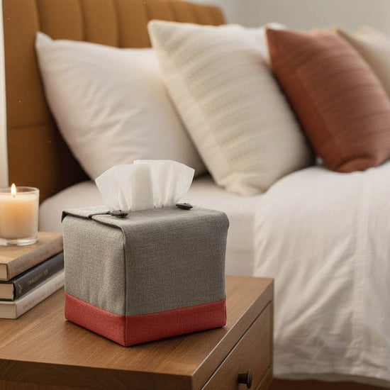 Handmade tissue box covers with a two tone taupe and burgundy design displayed in a bedroom and kitchen
