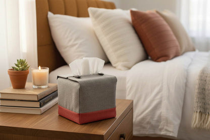 Handmade tissue box covers with a two tone taupe and burgundy design displayed in a bedroom and kitchen