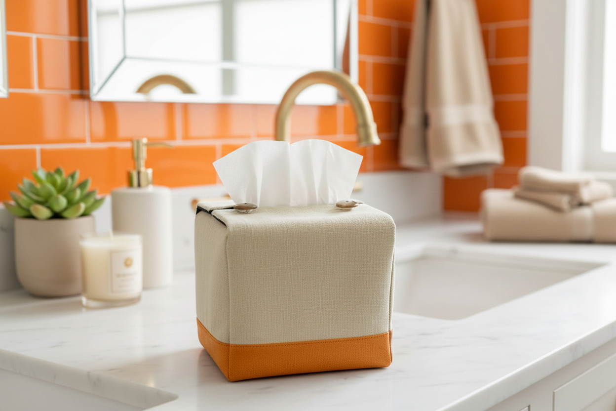 Handmade tissue box covers with a two tone beige and orange design displayed in a bedroom and kitchen