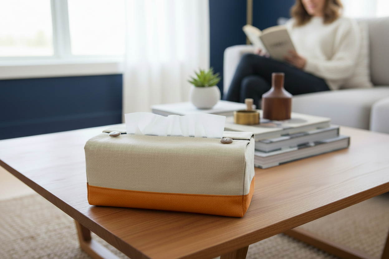 Handmade tissue box covers with a two tone beige and orange design displayed in a bedroom and kitchen