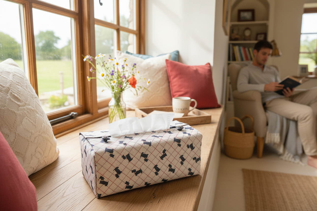 Handmade tissue box cover with scottie dog design displayed in a living room