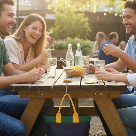 A glass and metal handbag hook hanging from a picnic table to suspend a tote bag from touching the ground