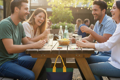 A glass and metal handbag hook hanging from a picnic table to suspend a tote bag from touching the ground