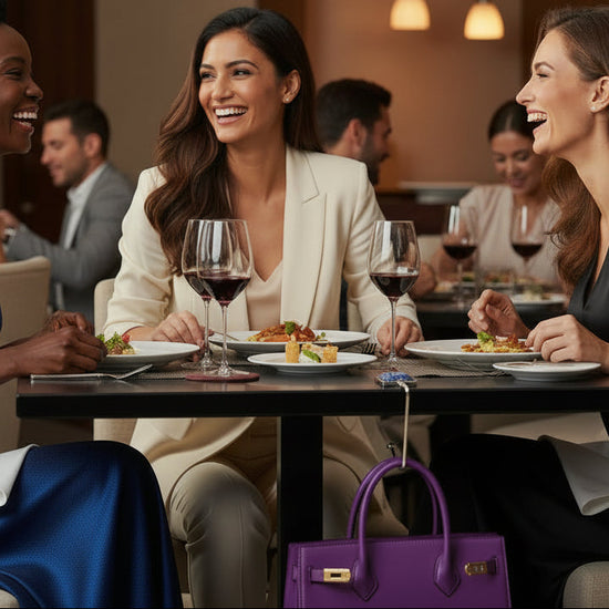 A glass and metal handbag hook hanging from a restaurant table to suspend a handbag from touching the floor
