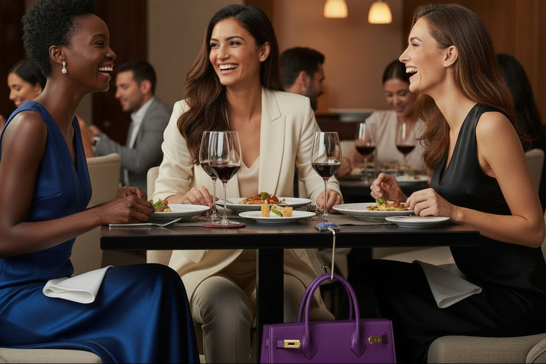A glass and metal handbag hook hanging from a restaurant table to suspend a handbag from touching the floor