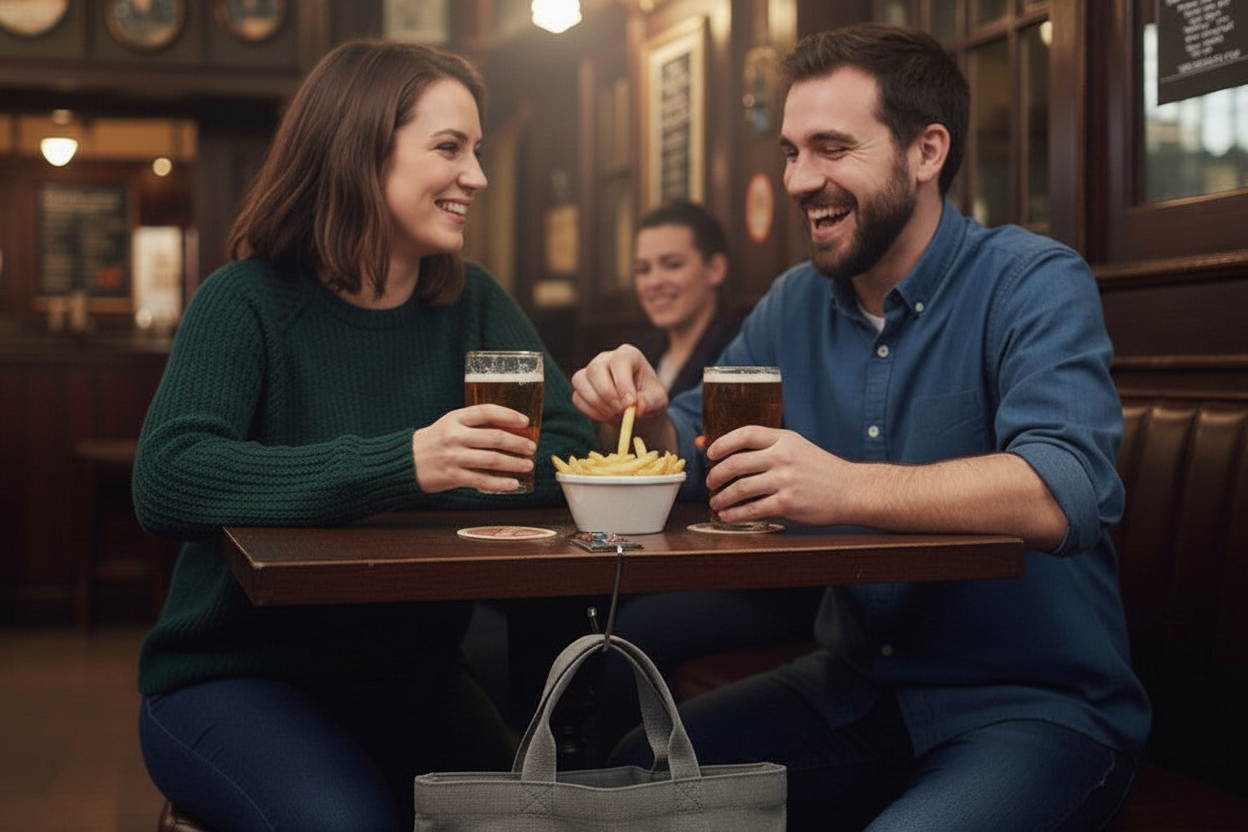 A glass and metal handbag hook on a pub table suspending a tote bag from the touching the floor