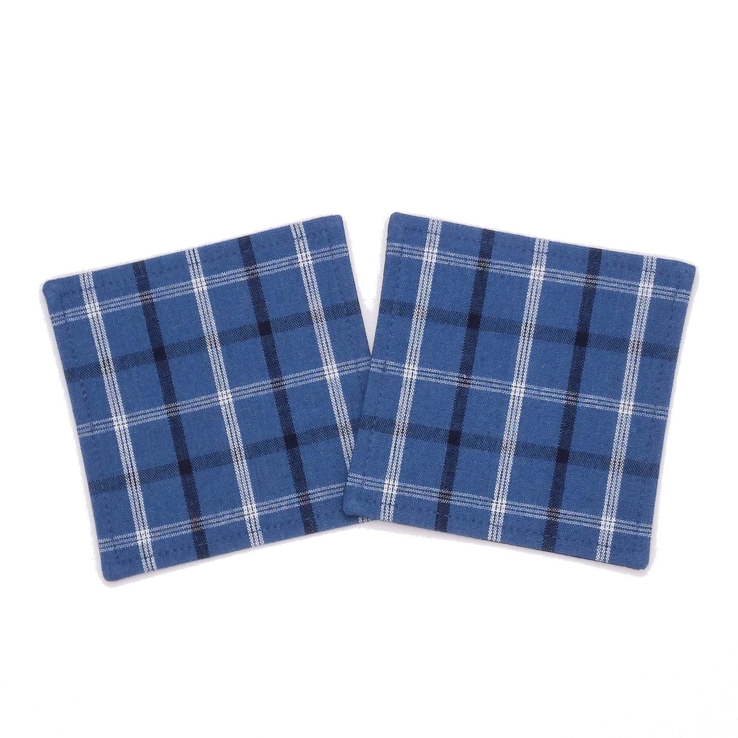 Square coasters with black, white, and blue plaid pattern
