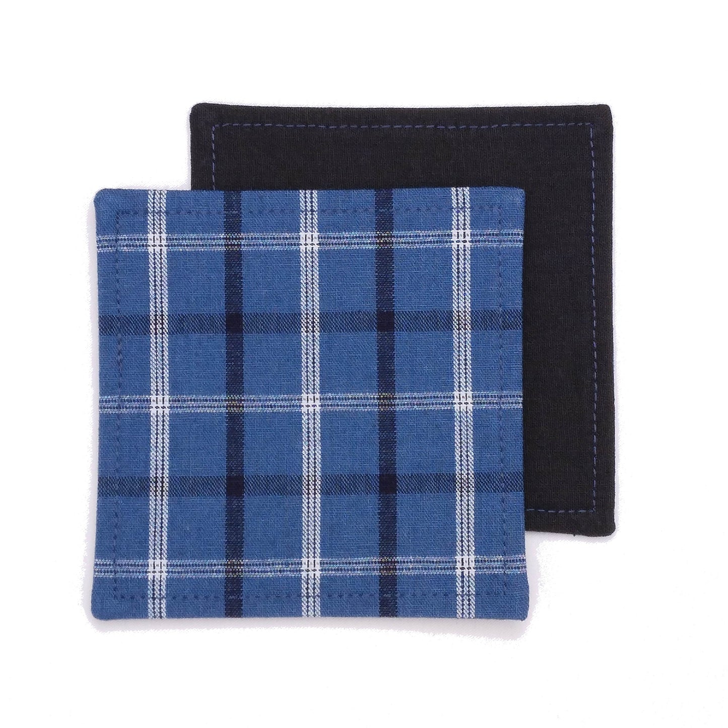 Square coasters with black, white, and blue plaid pattern